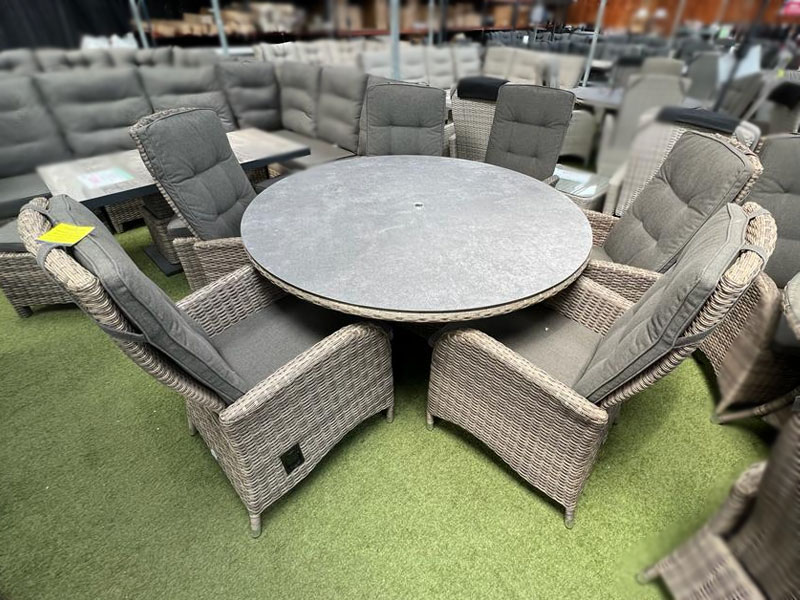Burbage 6 Seater Round Reclining Dining Set in Cappuccino Rattan