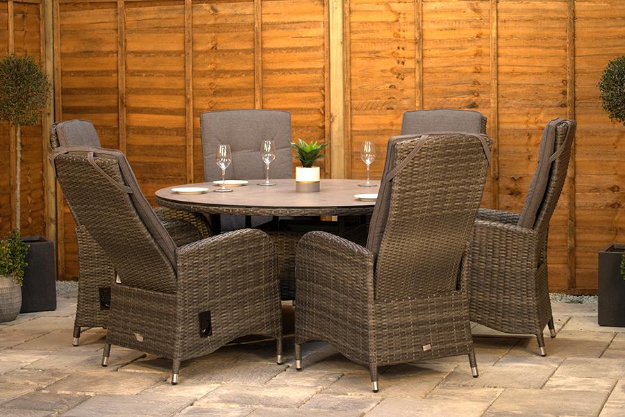 Burbage 6 Seater Round Reclining Dining Set in Stone Grey Rattan