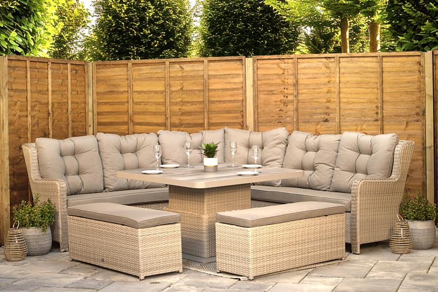 Burbage Large Rattan Corner Lounge Set with Height Adjustable Table in Latte