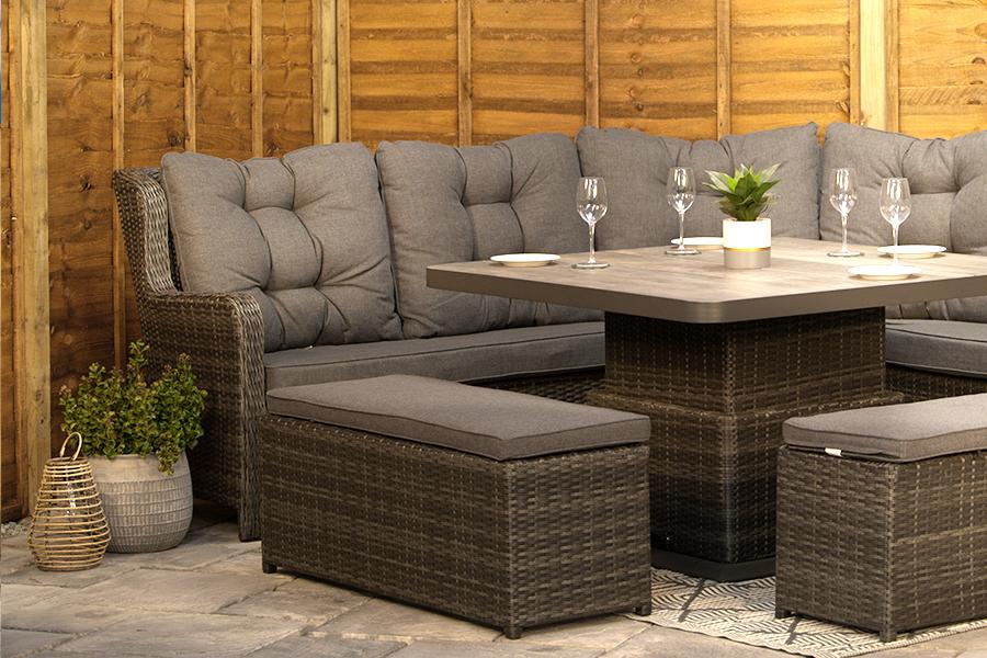 Burbage Large Rattan Corner Lounge Set with Height Adjustable Table in Stone Grey