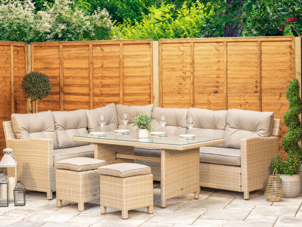 6 Seat Aluminium Rattan Corner Sofa Dining Set Natural