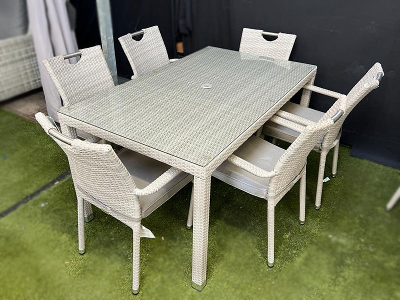 Sharnford Stacking 6 Seater Rectangular Rattan Dining Set in Latte