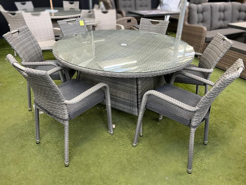 Sharnford Stacking 6 Seater Round Rattan Dining Set in Grey