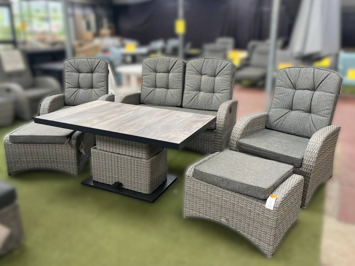 Burbage 2026 Reclining Rattan Sofa Set + Adjustable Table in Silver Grey